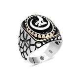 Silver Crescent Grey Wolf Oval Men's Ring